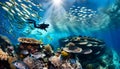 An ancient shipwreck is explored by a diver at the bottom of the sea, an underwater journey among the Great Barrier Reef Royalty Free Stock Photo