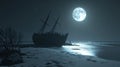 Ancient shipwrecks on the sand under the moonlight Royalty Free Stock Photo
