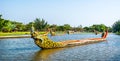 Ancient Siam park, Royal Water-Course Procession, decorated wooden thai boats on pond. Location: Ancient City, Mueang Boran, Samut