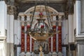 Ancient, silver chandelier in Saint Mary of Health church interior in Venice, Italy