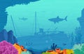 Ancient Sinking Ship Shark Fish Marine Coral Underwater Ocean Illustration