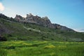 Ancient Snake Castle `Yilankale` photography with yellow flowers and blue sky background in the province of Adana-Ceyhan in Turkey Royalty Free Stock Photo