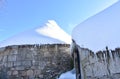 Ancient snowy Palloza round stone house with thatched frozen roof and icicles. Piornedo, Ancares, Lugo, Galicia, Spain. Royalty Free Stock Photo