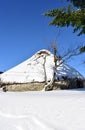 Ancient snowy Palloza round stone house with thatched roof. Piornedo mountain Village, Ancares, Lugo, Galicia, Spain. Royalty Free Stock Photo