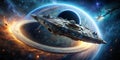 An ancient spaceship floating in space near a black hole AI-Created Content