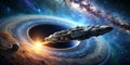 An ancient spaceship floating in space near a black hole AI-Created Content