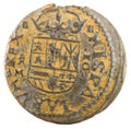 Ancient Spanish copper coin of King Felipe IV, 1664