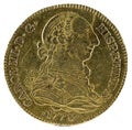 Ancient Spanish gold coin of King Carlos III. With a value of 4 escudos and minted in Sevilla. 1773