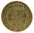 Ancient Spanish gold coin of King Carlos III. With a value of 4 escudos and minted in Sevilla. 1773