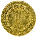 Ancient Spanish gold coin of King Carlos third with a value of four escudos and minted in Madrid