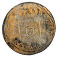 Ancient Spanish silver coin of King Felipe V. 1719. Coined in Segovia. Royalty Free Stock Photo