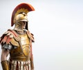 Ancient spartan trojan warrior in armor with weapons. White background, isolate. AI generated.