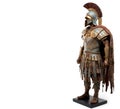 Ancient spartan trojan warrior in armor with weapons. White background, isolate. AI generated.