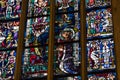 Ancient stained glass windows on a religious theme in the Cathedral of the Blessed Virgin Mary in Munich Germany.