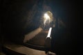 An ancient staircase made of wood Inside the Khao Luang Cave.