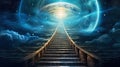 Ancient stairway, staircase leading up to the sky and space. Generative AI Royalty Free Stock Photo