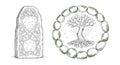 Ancient standing stone with Celtic knots and constellations beside a mystical tree of life circle Royalty Free Stock Photo