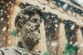Ancient statue with a snowy backdrop and festive confetti Royalty Free Stock Photo
