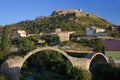 Ancient stone arch bridges with a background of Parador de Cardona, a 9th Century medieval hillside Castle, near Barcelona Royalty Free Stock Photo