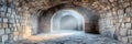 Ancient stone arched corridor with mysterious fog and sunlight streaming through archways Royalty Free Stock Photo