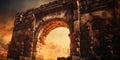 Ancient Stone Arches From Classic Architecture Adorned With Fire Flames