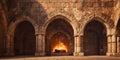 Ancient Stone Arches From Classic Architecture Embellished With Fire Flames