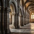 Ancient Stone Arches and Columns in a Historic European Monastery Interior Royalty Free Stock Photo