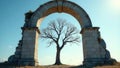 Ancient stone archway framing a leafless tree on a sunny day. Generative AI Royalty Free Stock Photo