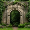 Ancient stone archway with intricate carvings crowns a lush path leading into a dense