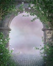 Ancient stone archway with pink flowers
