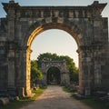 Ancient stone archways frame a pathway lined with greenery. The foreground arch Royalty Free Stock Photo