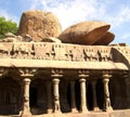 Mahabalipuram, Tamil Nadu, India - June 14, 2009 Ancient cave temple at Arjuna`s Penance with ornate pillars