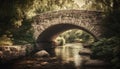 An ancient stone bridge arches over tranquil flowing water generated by AI