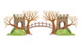 Ancient Stone Bridge Connecting Withered Tree Fortifications, vector design Generative AI Royalty Free Stock Photo