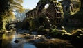 Ancient stone bridge over tranquil water in a forest generated by AI Royalty Free Stock Photo