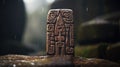 Ancient stone carving in the rain, AI