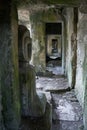 Ancient stone carvings in a mysterious temple corridor