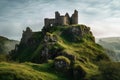 Ancient stone castle perched atop lush green hilltop. Generative AI Royalty Free Stock Photo