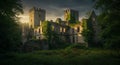 Ancient stone castle ruins enveloped in dense greenery stand in a serene, twilight setting.