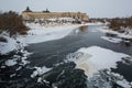 Ancient stone castle in winter. Landscape. Royalty Free Stock Photo