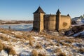 Ancient stone castle in winter. Landscape. Royalty Free Stock Photo