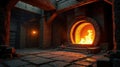 Ancient stone chamber with a fiery hearth, illuminated by a single light source. Generative AI Royalty Free Stock Photo