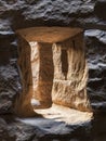Ancient stone chamber with sunlight streaming through a carved rectangular opening highlighting rugged texture and warm natural Royalty Free Stock Photo