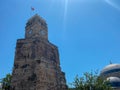 Ancient stone church with clock tower at old european city Royalty Free Stock Photo