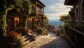 Ancient stone cottage, balcony adorned with flowers, overlooking tranquil water generated by AI Royalty Free Stock Photo