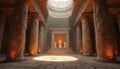Ancient stone crypt interior with massive columns and statues. Sunlight streams from an opening above illuminating sacred tomb Royalty Free Stock Photo