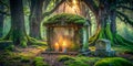 Ancient stone crypt in a mossy forest with lit candles at sunset. Generative AI Royalty Free Stock Photo