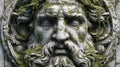 Ancient Stone Face Sculpture Overgrown with Green Moss and Vines, Symbolizing Time and Nature Royalty Free Stock Photo