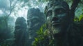 Ancient stone faces in lush jungle setting with misty atmosphere Royalty Free Stock Photo