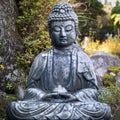 A stone figure of a Buddha sitting with a bowl and meditating